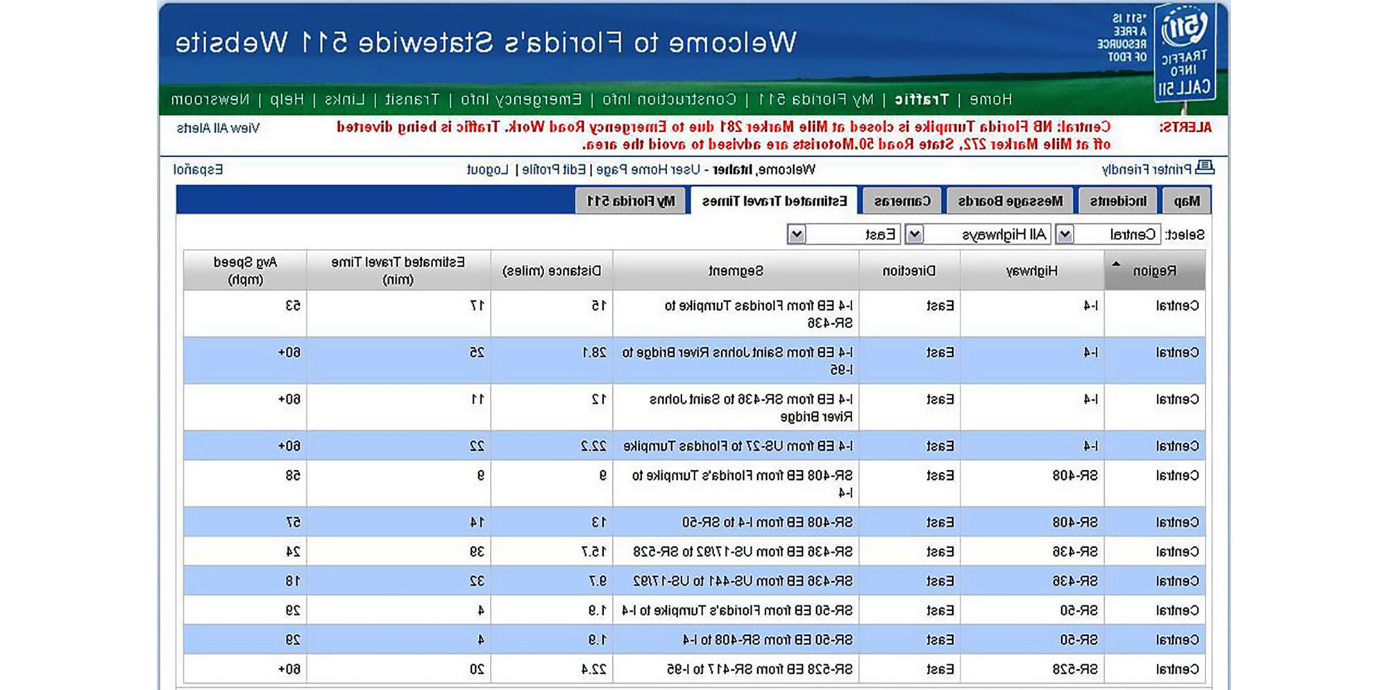 Florida511 Screenshot of data regarding estimated travel times. 有关全文，请下载下面的项目PDF.